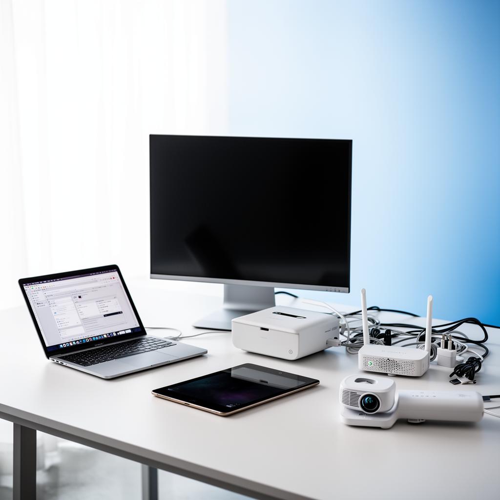 Showcase perangkat IT premium: laptop, monitor, tablet, printer, router, dan proyektor.